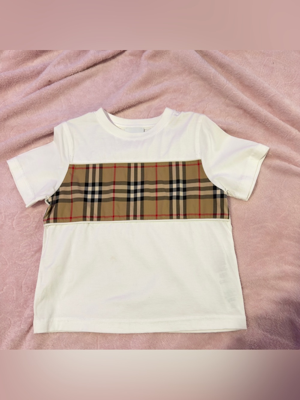 Burberry White Tee with Tan Plaid Chest Panel